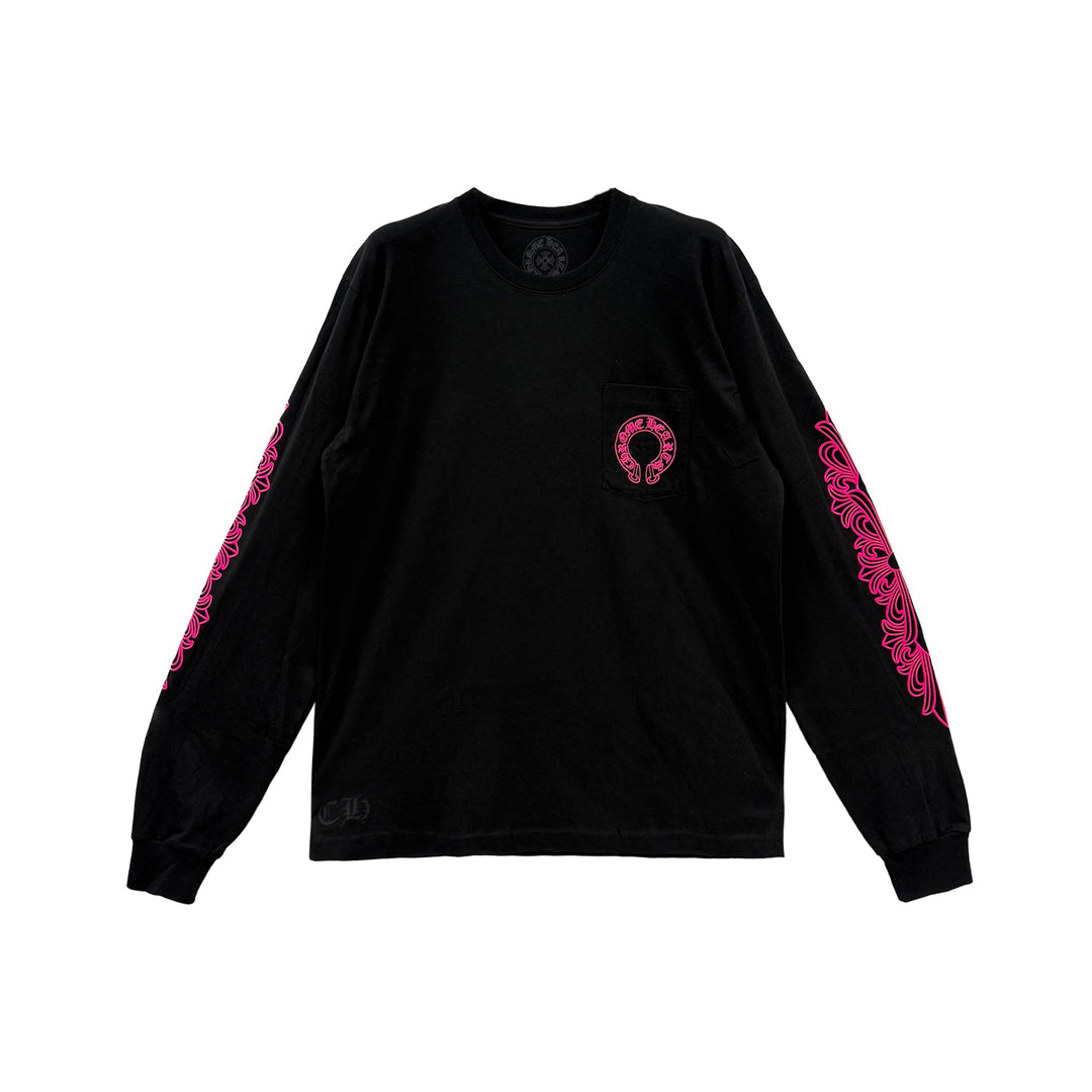 Chrome Hearts Classic Pink Horseshoe Logo Black Long Sleeve T-shirt - SHENGLI ROAD MARKET