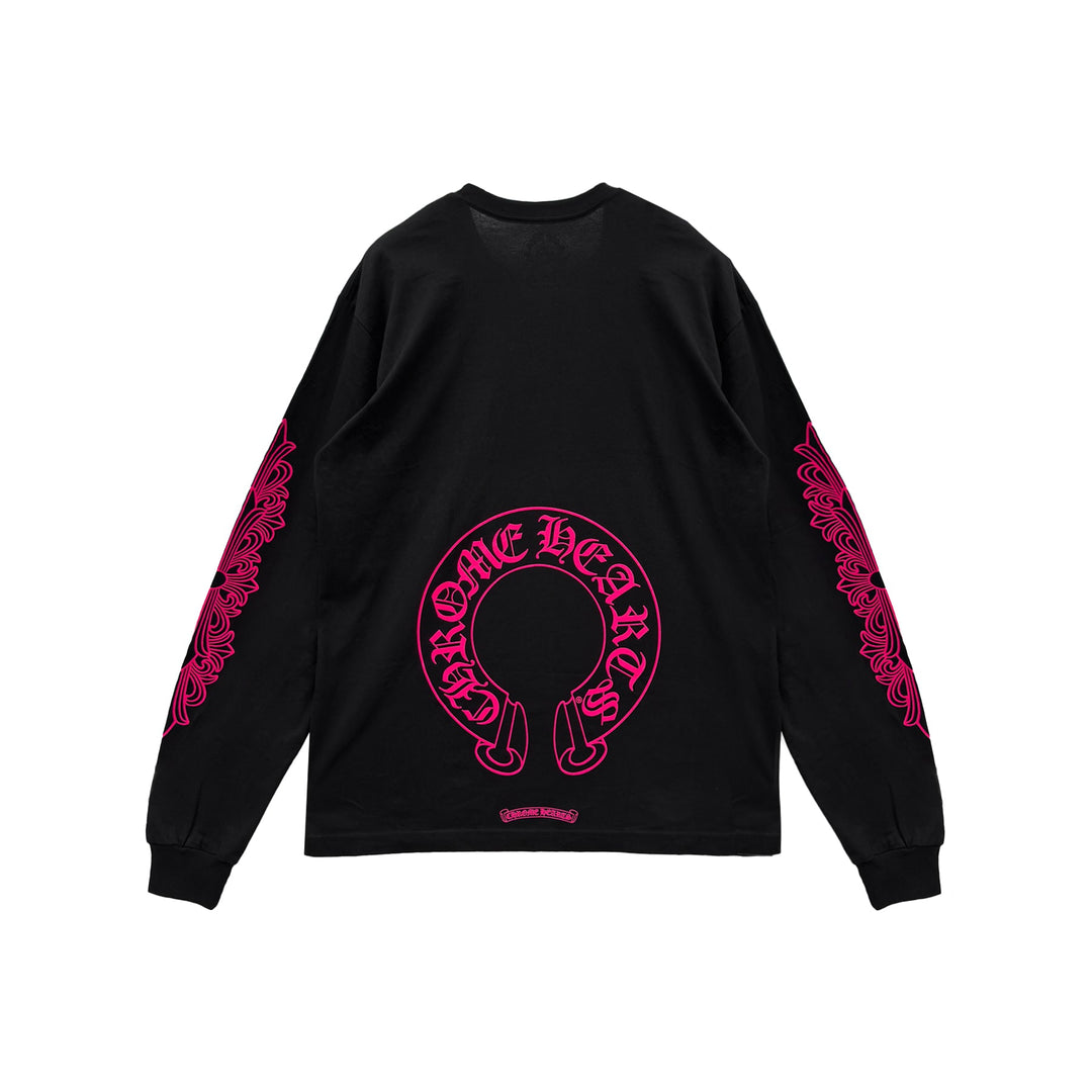 Chrome Hearts Classic Pink Horseshoe Logo Black Long Sleeve T-shirt - SHENGLI ROAD MARKET