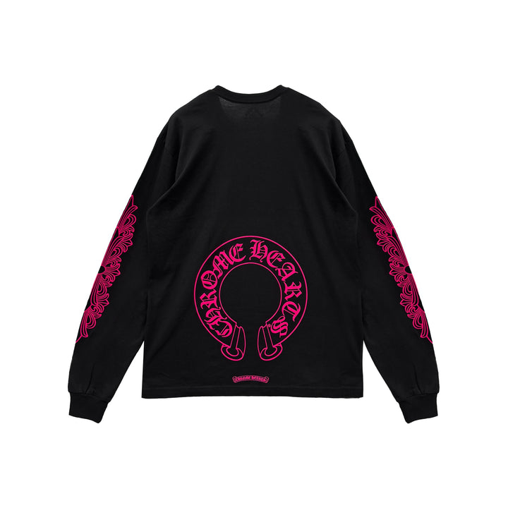Chrome Hearts Classic Pink Horseshoe Logo Black Long Sleeve T-shirt - SHENGLI ROAD MARKET