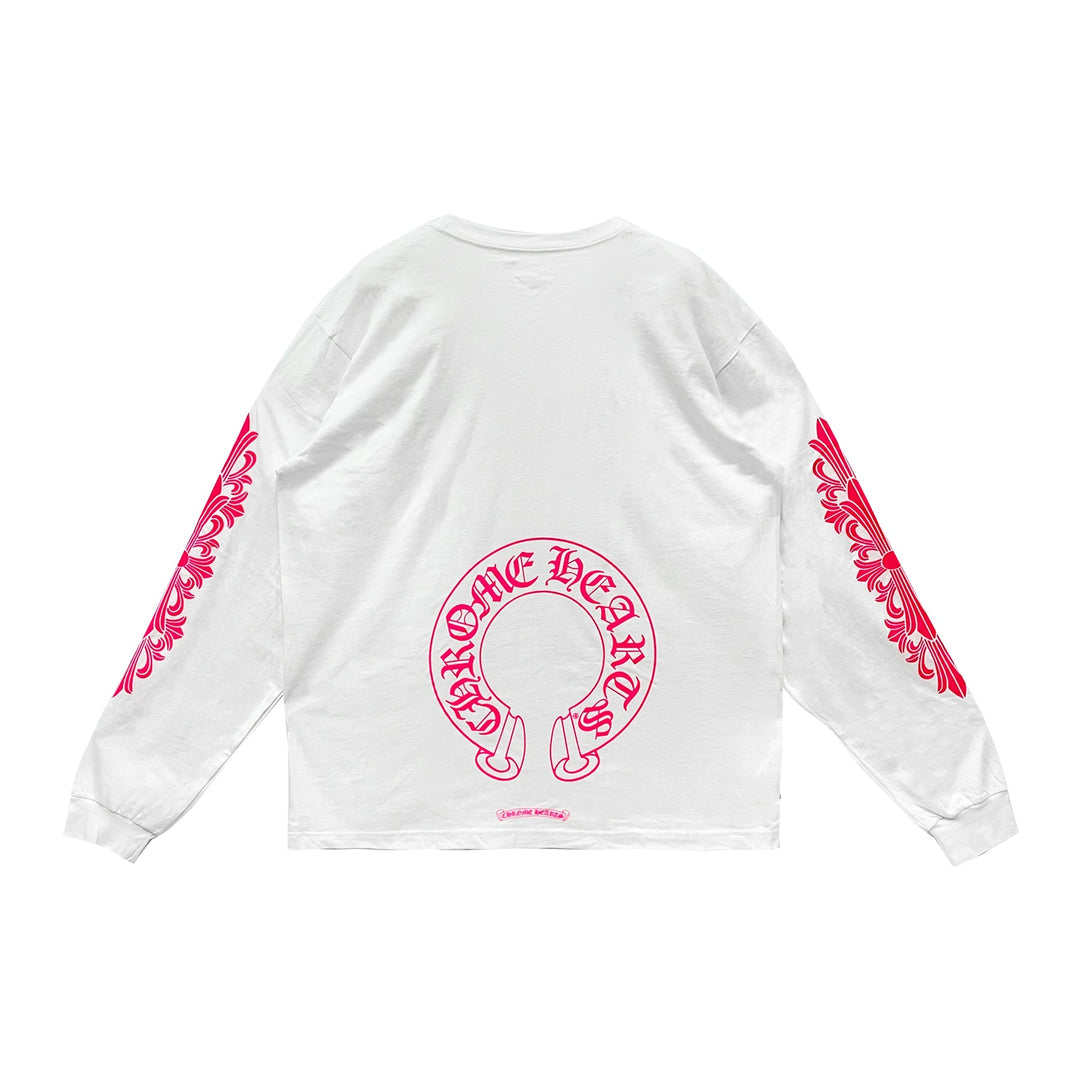 Chrome Hearts Classic Pink Horseshoe Logo White Long Sleeve T-shirt - SHENGLI ROAD MARKET