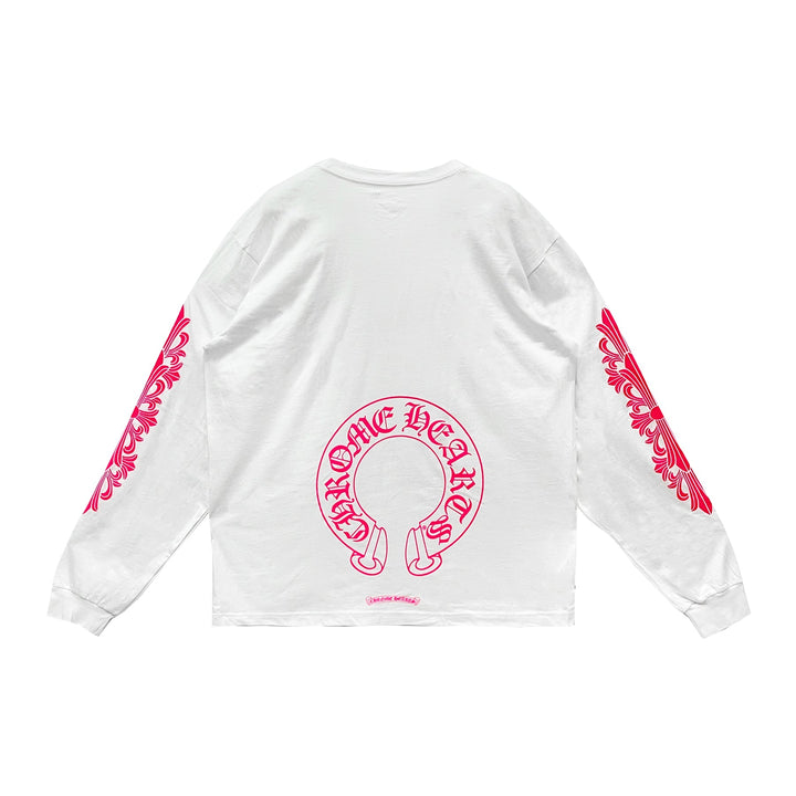 Chrome Hearts Classic Pink Horseshoe Logo White Long Sleeve T-shirt - SHENGLI ROAD MARKET