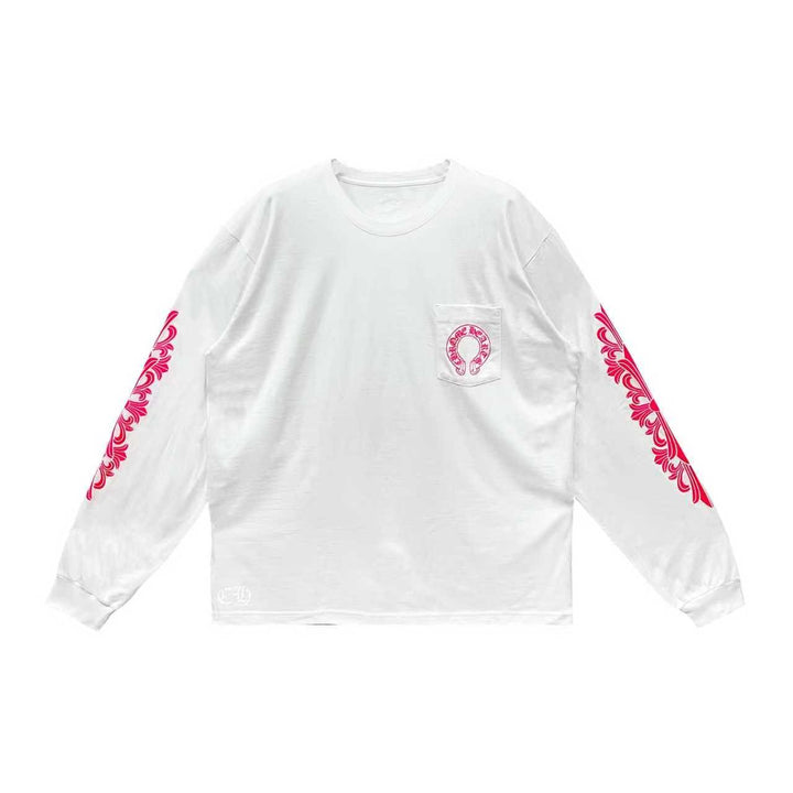 Chrome Hearts Classic Pink Horseshoe Logo White Long Sleeve T-shirt - SHENGLI ROAD MARKET