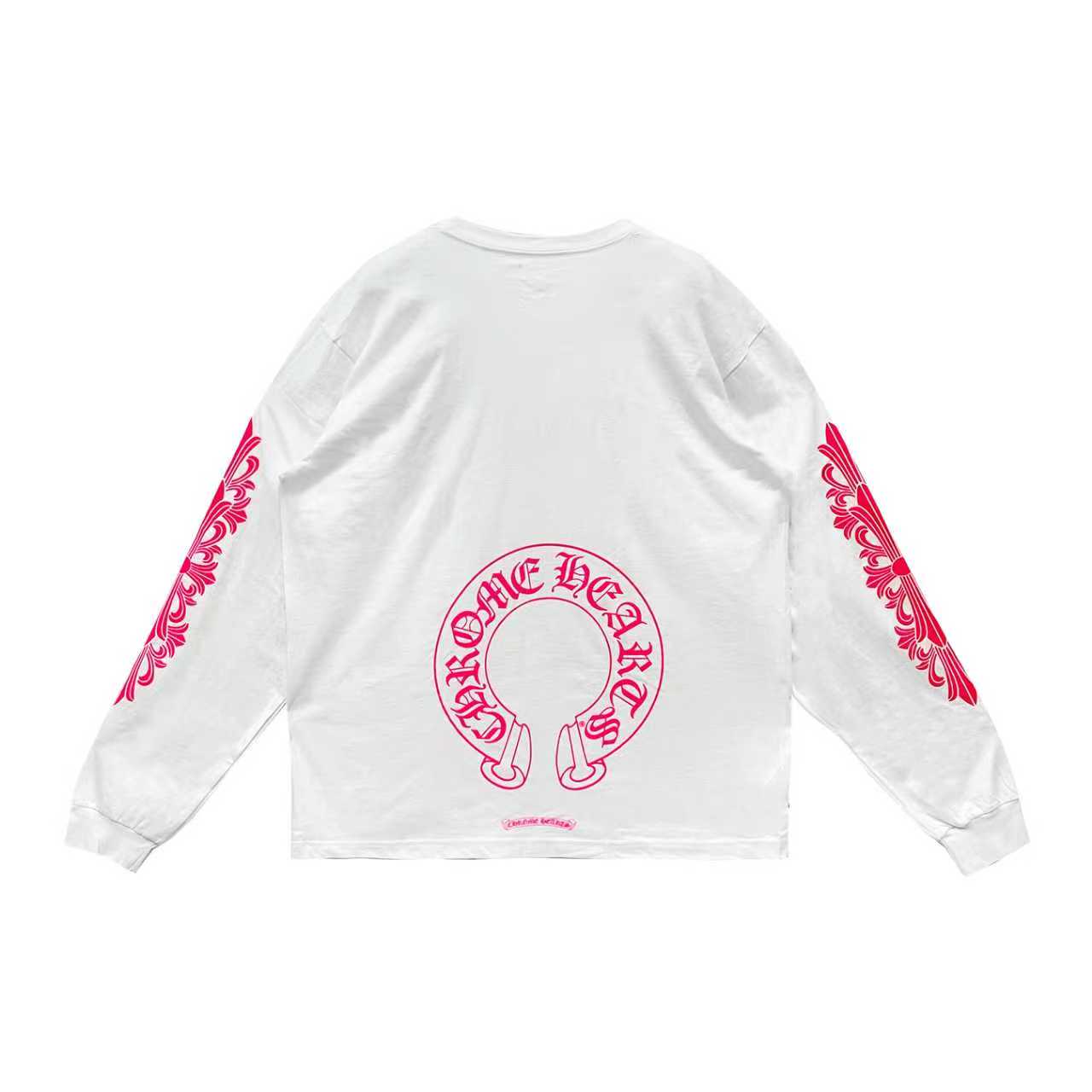 Chrome Hearts Classic Pink Horseshoe Logo White Long Sleeve T