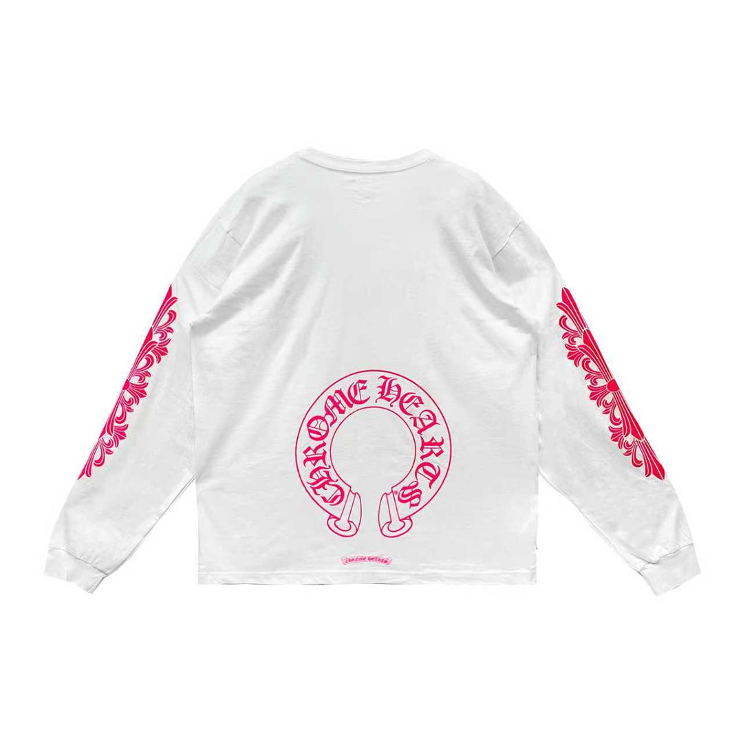 Chrome Hearts Classic Pink Horseshoe Logo White Long Sleeve T-shirt - SHENGLI ROAD MARKET