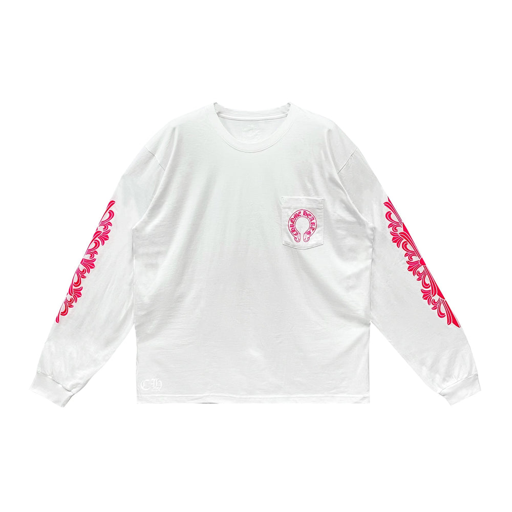 Chrome Hearts Classic Pink Horseshoe Logo White Long Sleeve T-shirt - SHENGLI ROAD MARKET