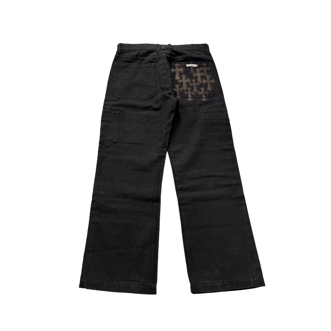 Chrome Hearts Cross Patch Leather Black Carpenter Pants - SHENGLI ROAD MARKET