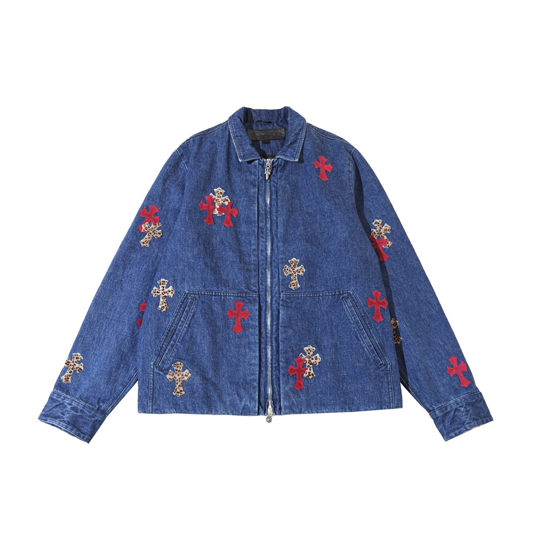 Chrome Hearts Cross Patch Red&Leopard Washed Denim Zip Jacket - SHENGLI ROAD MARKET