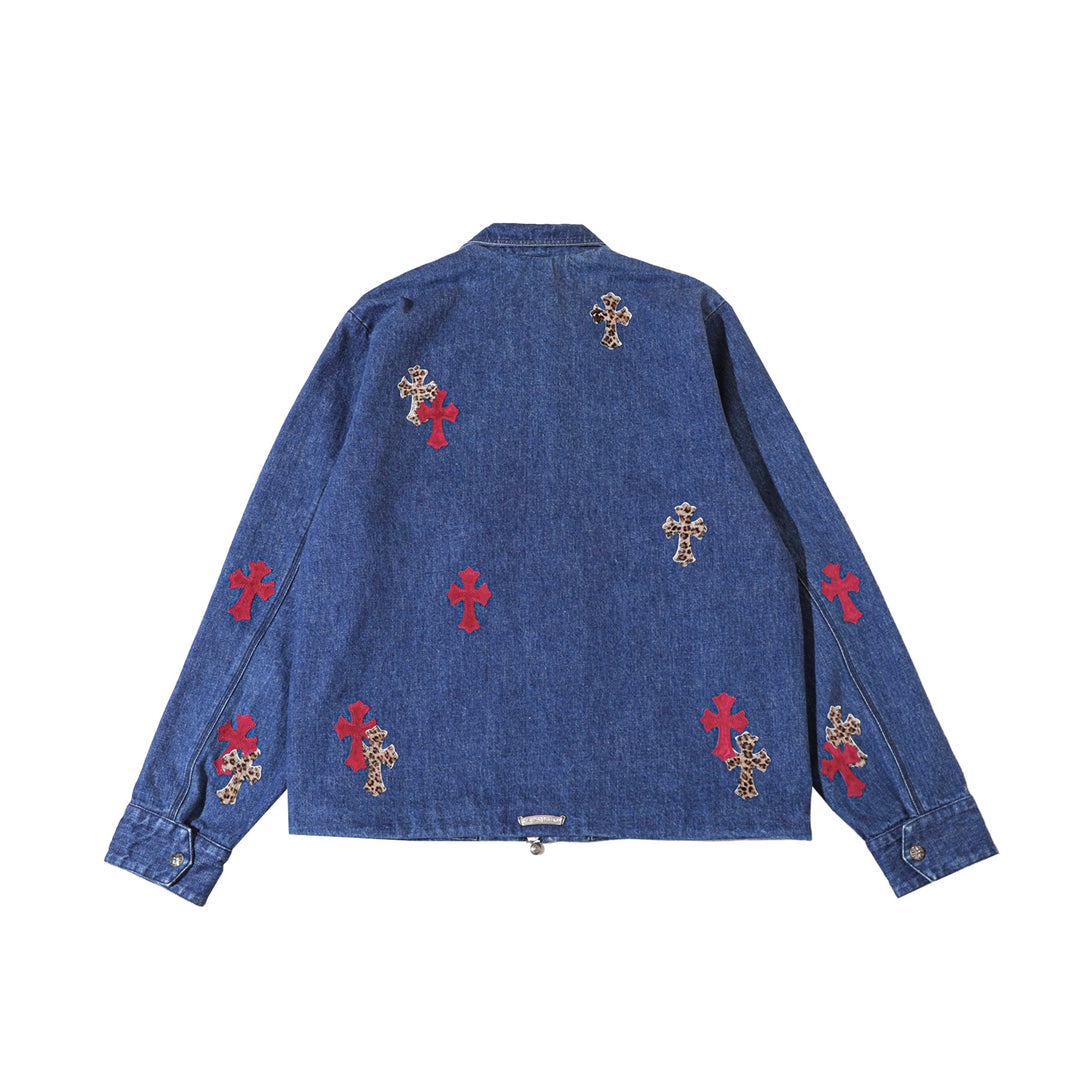 Chrome Hearts Cross Patch Red&Leopard Washed Denim Zip Jacket - SHENGLI ROAD MARKET