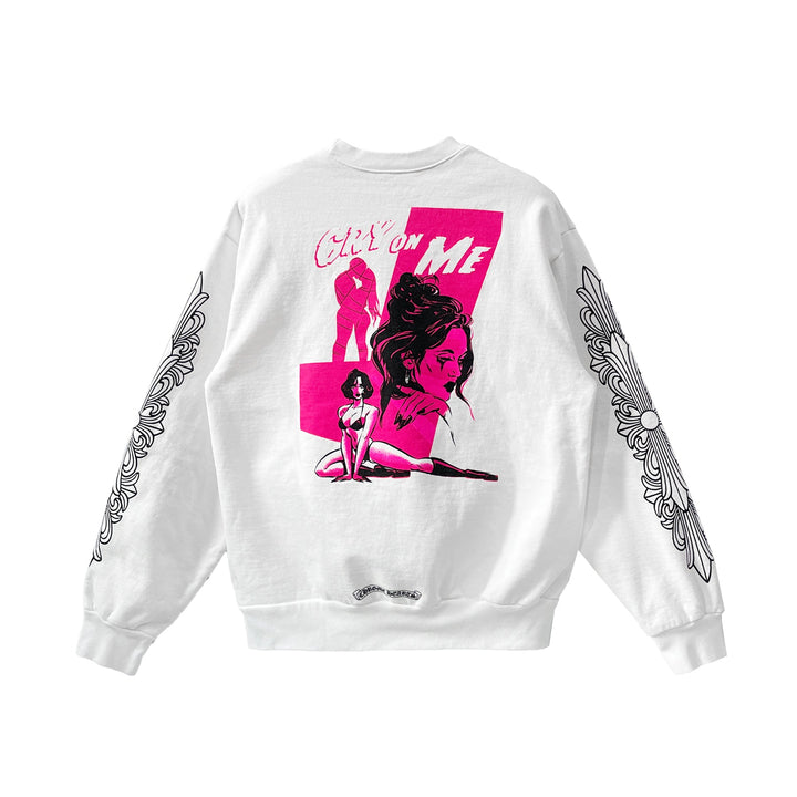 Chrome Hearts Deadly Doll Graffiti Floral Sleeve White Crewneck Sweatshirt - SHENGLI ROAD MARKET