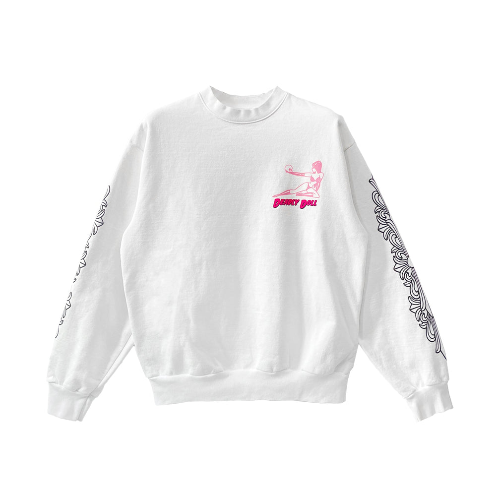 Chrome Hearts Deadly Doll Graffiti Floral Sleeve White Crewneck Sweatshirt - SHENGLI ROAD MARKET