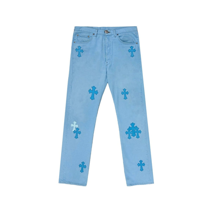 Chrome Hearts Drake Blue Leather Cross Patch Jeans - SHENGLI ROAD MARKET