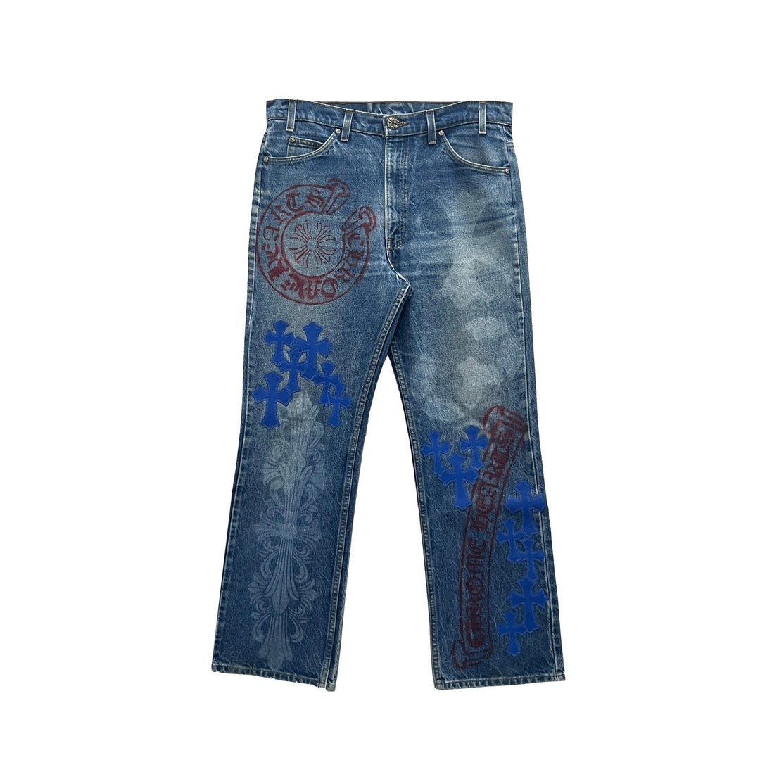 Chrome Hearts Extremely Rare Blue Cross Patch Spraypainted Jeans - SHENGLI ROAD MARKET