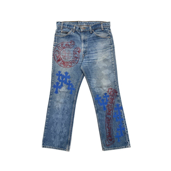 Chrome Hearts Extremely Rare Blue Cross Patch Spraypainted Jeans - SHENGLI ROAD MARKET