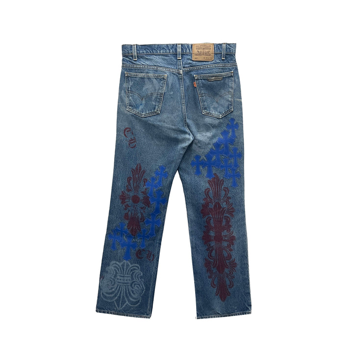 Chrome Hearts Extremely Rare Blue Cross Patch Spraypainted Jeans - SHENGLI ROAD MARKET