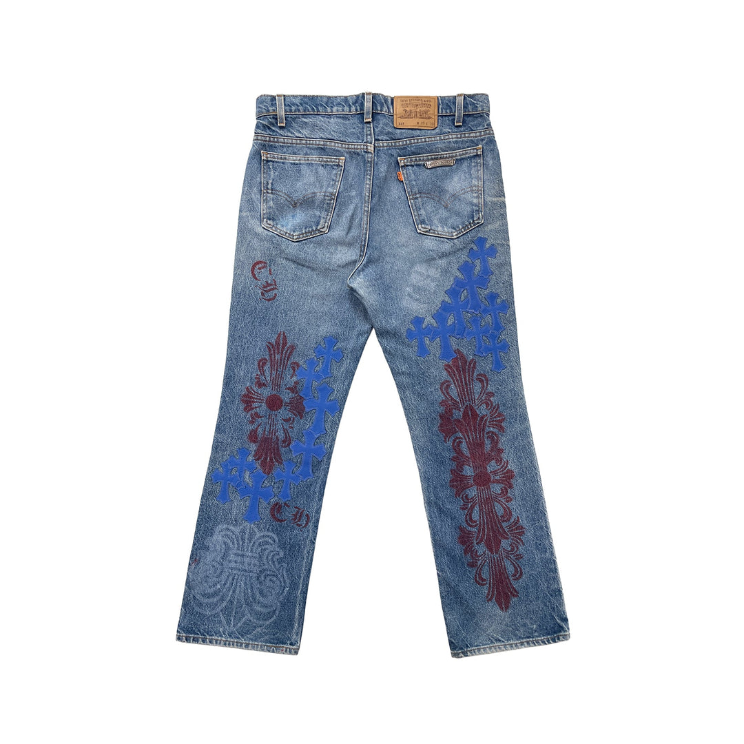 Chrome Hearts Extremely Rare Blue Cross Patch Spraypainted Jeans - SHENGLI ROAD MARKET