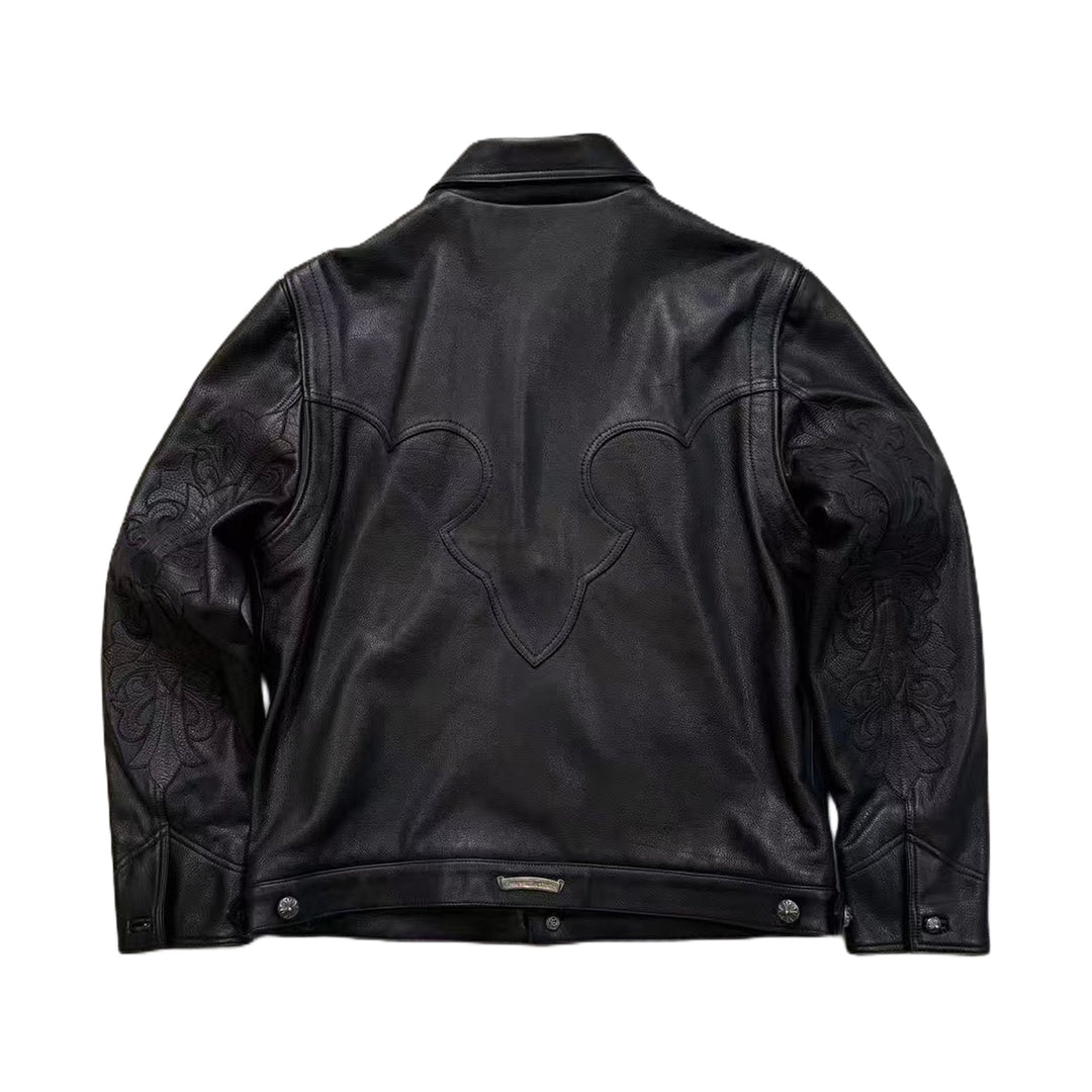 Chrome Hearts Floral Cross Patch Western Leather Jacket - SHENGLI ROAD MARKET