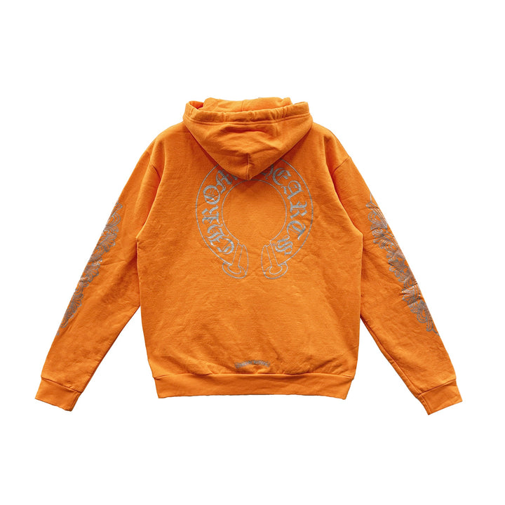 Chrome Hearts Glitter Horseshoe Logo Orange Hoodie - SHENGLI ROAD MARKET