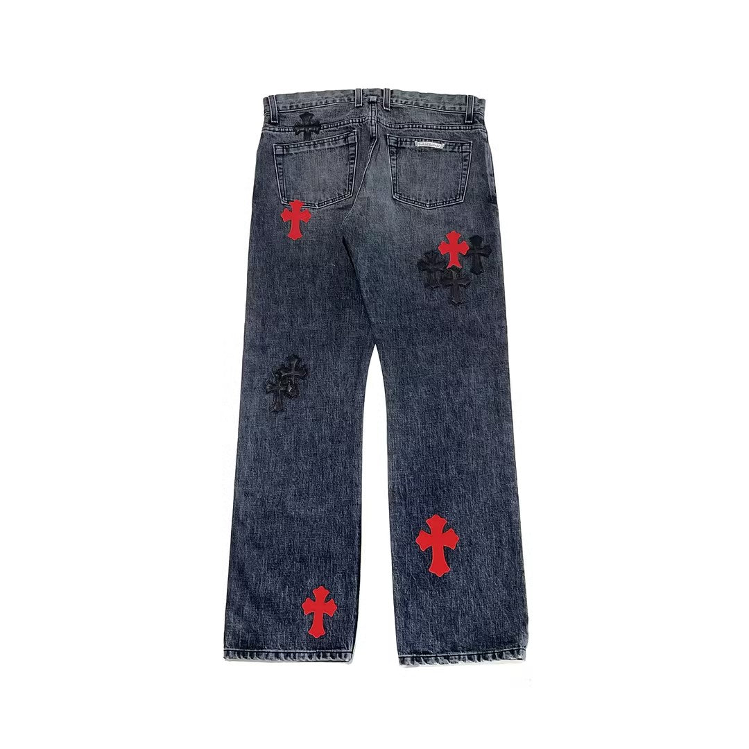 Chrome Hearts Grey Black & Red Cross Patch Jeans - SHENGLI ROAD MARKET