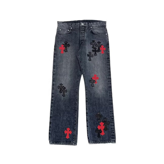 Chrome Hearts Grey Black & Red Cross Patch Jeans - SHENGLI ROAD MARKET