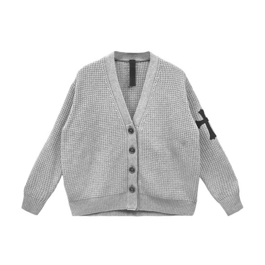 Chrome Hearts Grey Cashmere Waffle Thermal Cross Patch Cardigan Sweater - SHENGLI ROAD MARKET