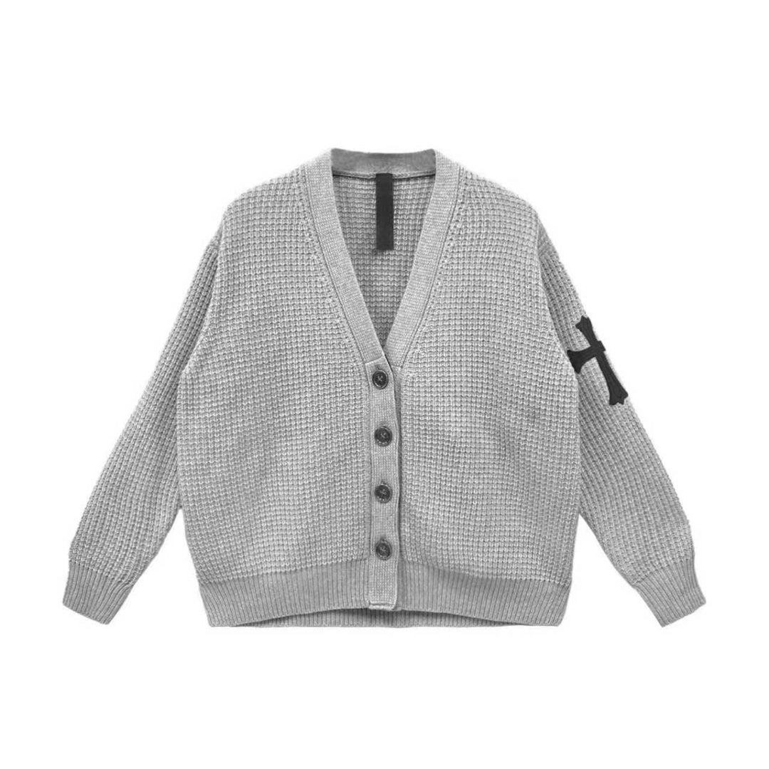 Chrome Hearts Grey Cashmere Waffle Thermal Cross Patch Cardigan Sweater - SHENGLI ROAD MARKET