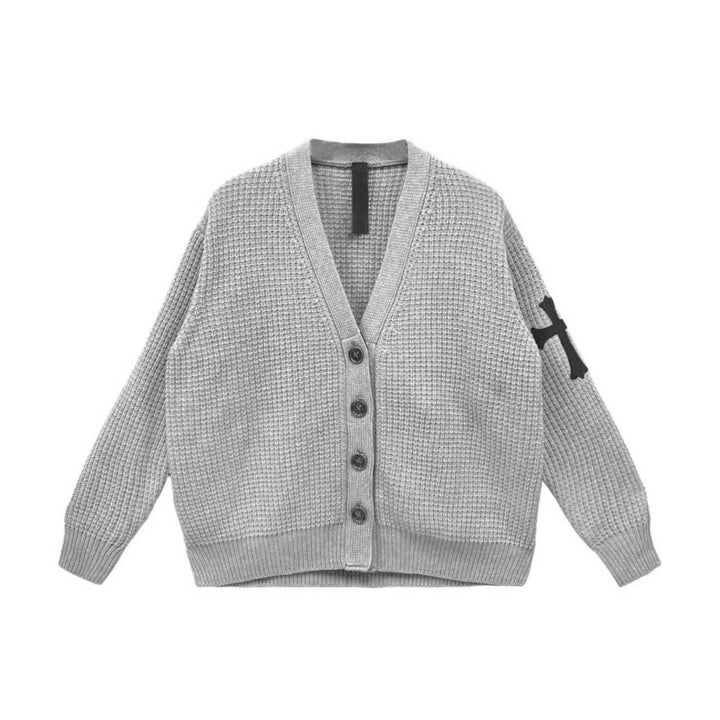 Chrome Hearts Grey Cashmere Waffle Thermal Cross Patch Cardigan Sweater - SHENGLI ROAD MARKET