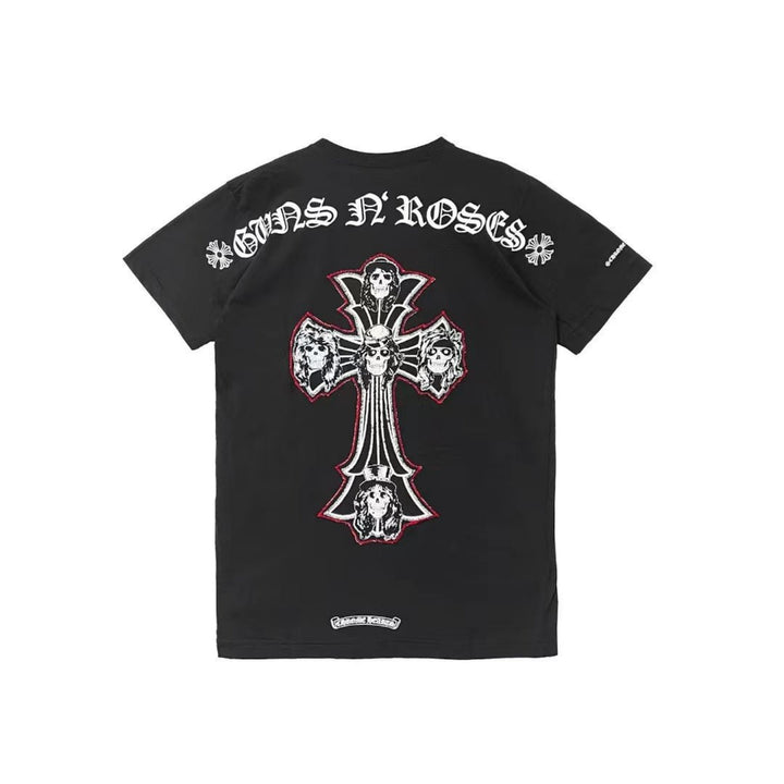 Chrome Hearts 건 앤 로지스 블랙 크로스 로고 반소매 티셔츠