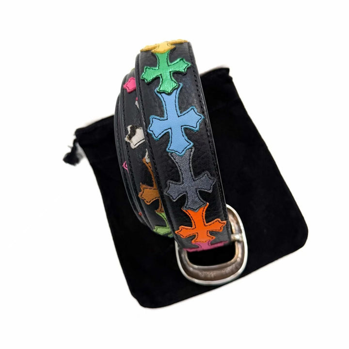Chrome Hearts Gunslinger Multicolor Cross Patch Leather Belt with Silver Buckle - SHENGLI ROAD MARKET