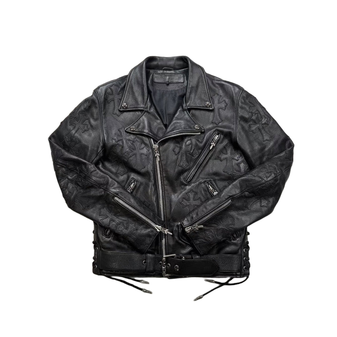 Chrome Hearts JJ Dean All Over Cross Patch Black Leather Biker Jacket - SHENGLI ROAD MARKET