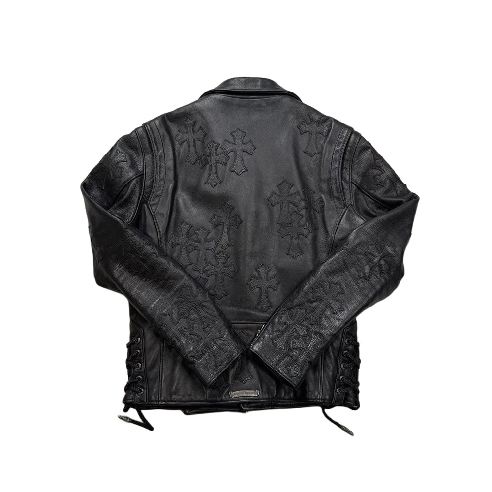 Chrome Hearts JJ Dean All Over Cross Patch Black Leather Biker Jacket - SHENGLI ROAD MARKET