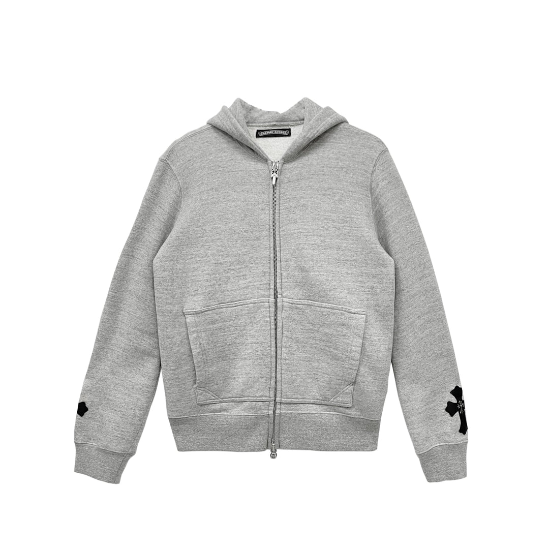 Chrome Hearts Leather Cross Patch Grey Zip Up Hoodie - SHENGLI ROAD MARKET