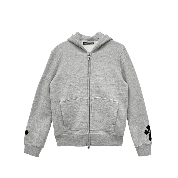 Chrome Hearts Leather Cross Patch Grey Zip Up Hoodie - SHENGLI ROAD MARKET
