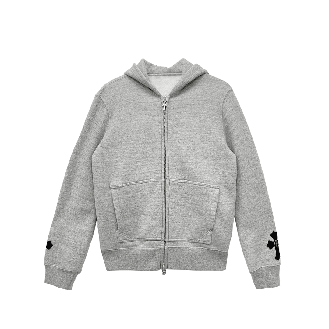 Chrome Hearts Leather Cross Patch Grey Zip Up Hoodie - SHENGLI ROAD MARKET