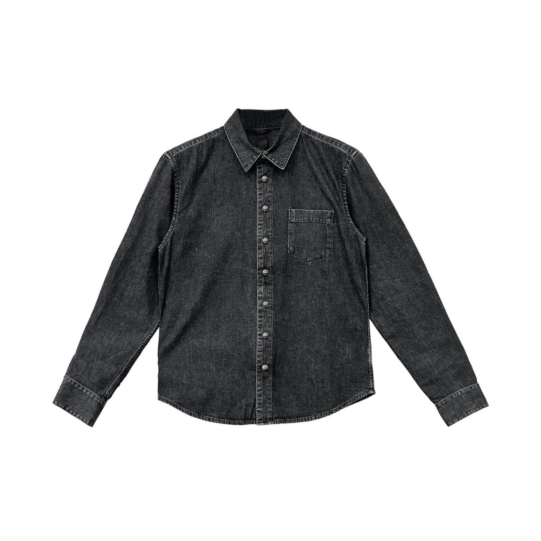 Chrome Hearts Leather Cross Patcn Washed Grey Denim Shirt