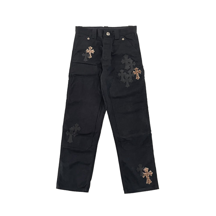 Chrome Hearts Leopard Black Cross Leather Patch Jeans - SHENGLI ROAD MARKET
