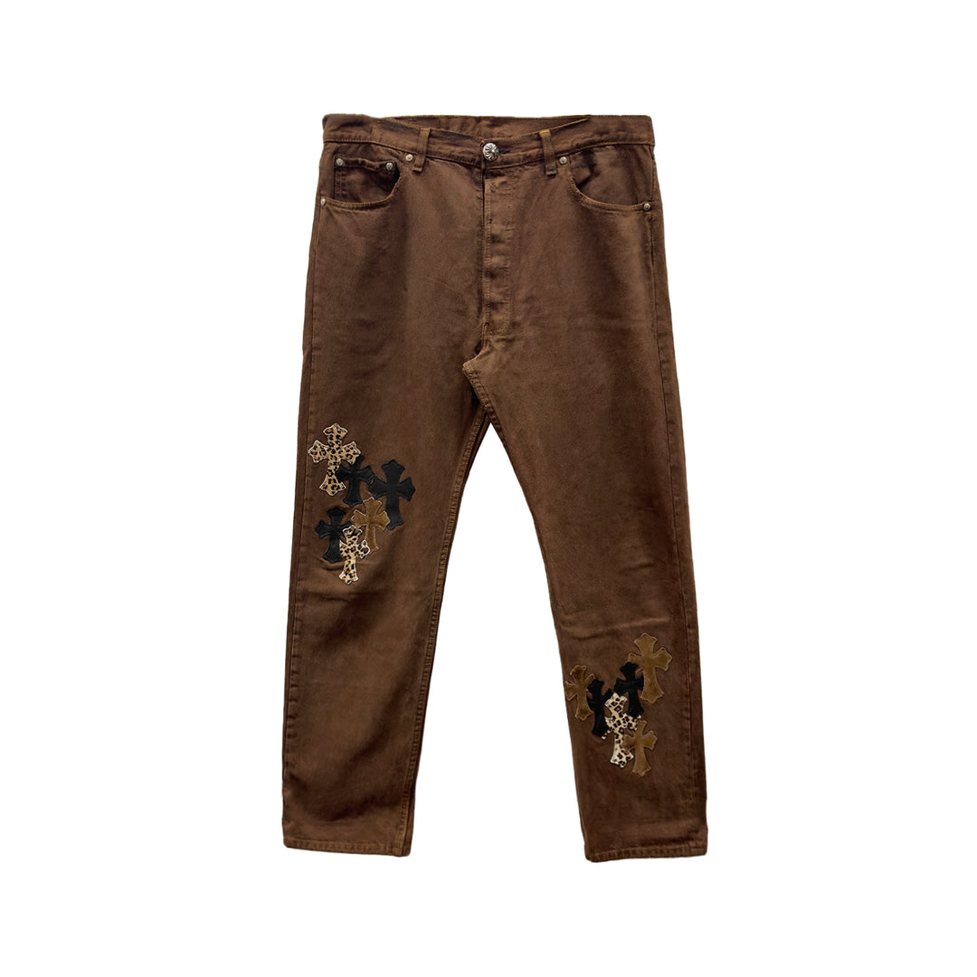 Chrome Hearts Leopard Cross Patch Brown Jeans - SHENGLI ROAD MARKET