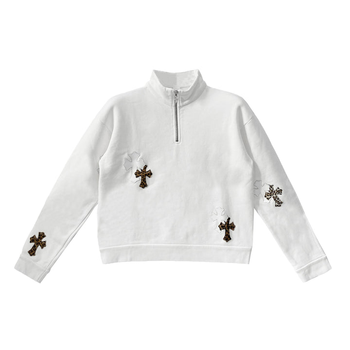 Chrome Hearts Leopard Cross Patch Half Zip White Sweatshirt - SHENGLI ROAD MARKET