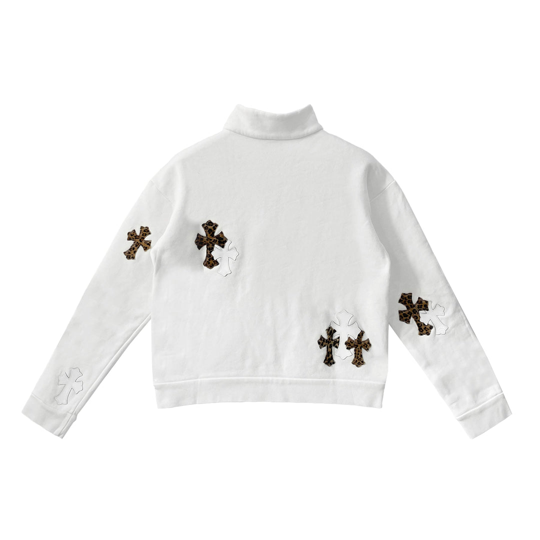 Chrome Hearts Leopard Cross Patch Half Zip White Sweatshirt - SHENGLI ROAD MARKET