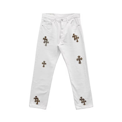 Chrome Hearts Leopard Cross Patch White Jeans - SHENGLI ROAD MARKET