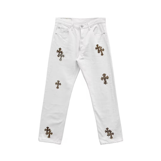 Chrome Hearts Leopard Cross Patch White Jeans - SHENGLI ROAD MARKET