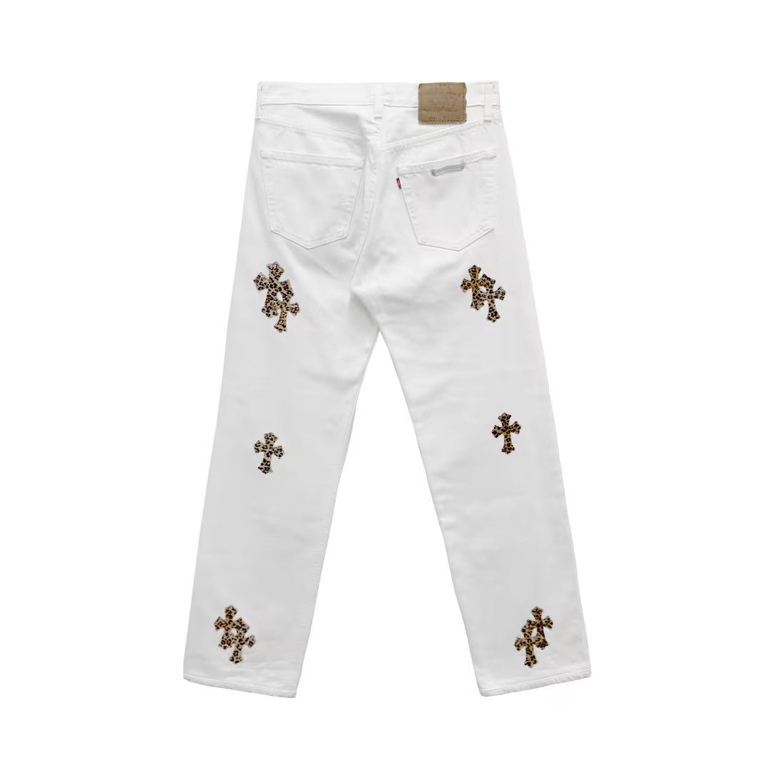 Chrome Hearts Leopard Cross Patch White Jeans - SHENGLI ROAD MARKET