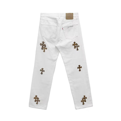 Chrome Hearts Leopard Cross Patch White Jeans - SHENGLI ROAD MARKET