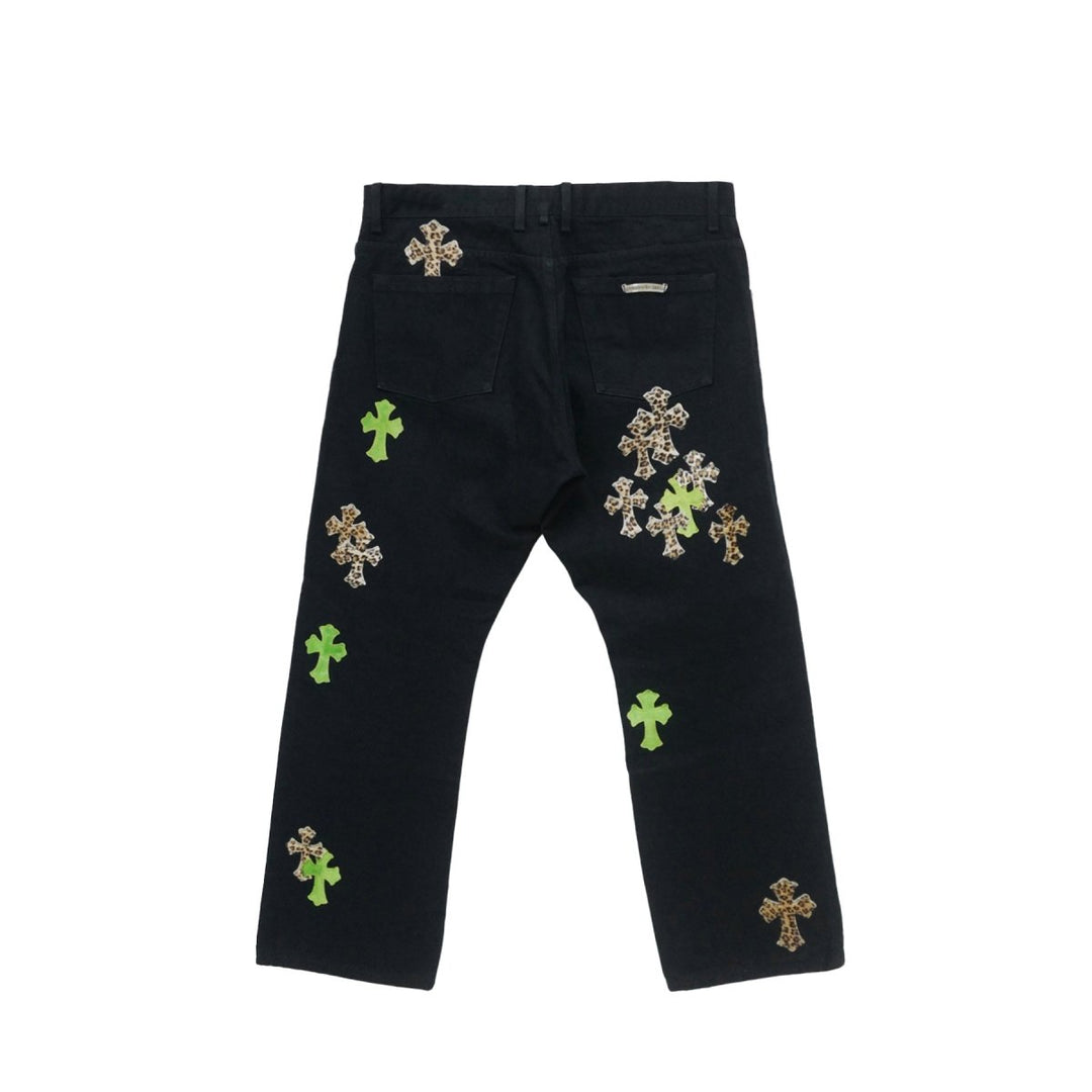 Chrome Hearts Leopard Green Cross Leather Patch Jeans - SHENGLI ROAD MARKET