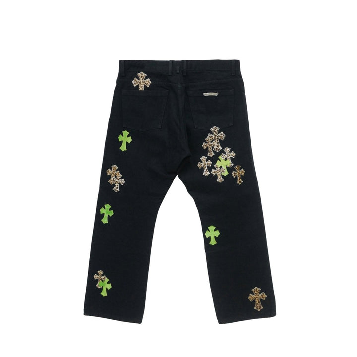 Chrome Hearts Leopard Green Cross Leather Patch Jeans - SHENGLI ROAD MARKET