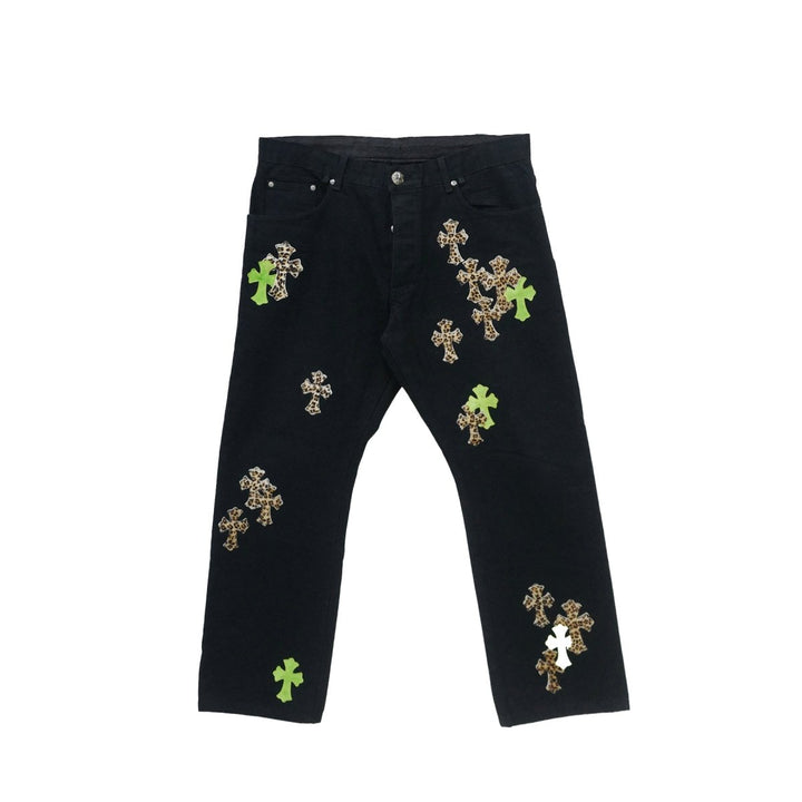 Chrome Hearts Leopard Green Cross Leather Patch Jeans - SHENGLI ROAD MARKET