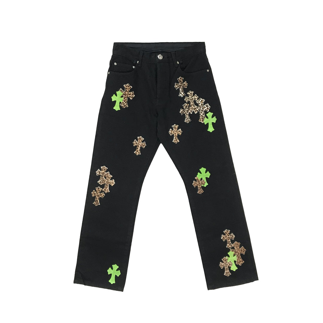 Chrome Hearts Leopard Green Leather Cross Patch Jeans - SHENGLI ROAD MARKET