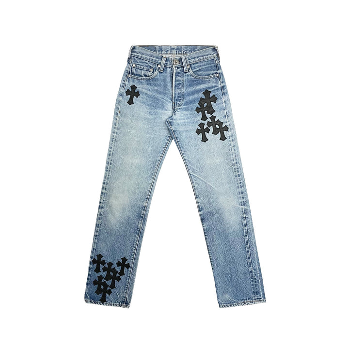 Chrome Hearts Levi's 501 Black Cross Leather Patch Jeans - SHENGLI ROAD MARKET