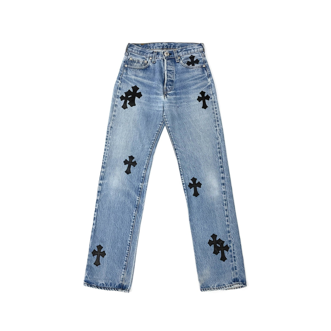 Chrome Hearts Levi's 501 Black Cross Leather Patch Jeans - SHENGLI ROAD MARKET