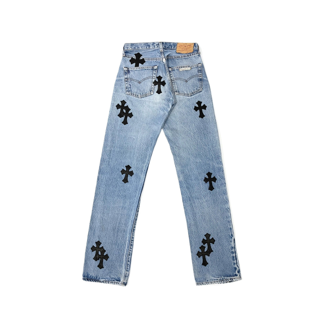 Chrome Hearts Levi's 501 Black Cross Leather Patch Jeans - SHENGLI ROAD MARKET