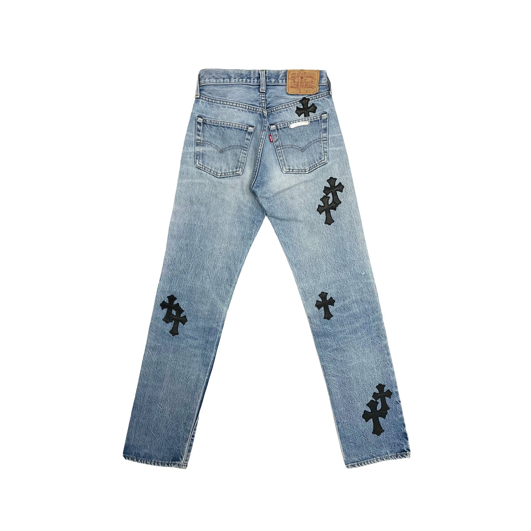 Chrome Hearts Levi's 501 Black Cross Leather Patch Jeans - SHENGLI ROAD MARKET